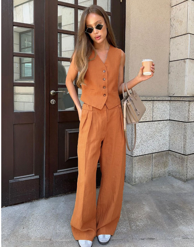 TOVERO Athena Tailored Linen Set with Sleeveless Vest (One Set)