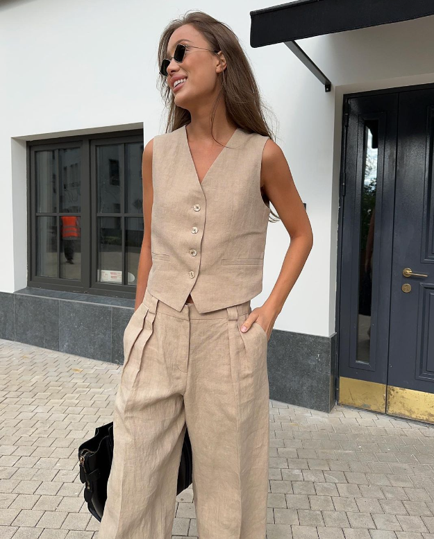TOVERO Athena Tailored Linen Set with Sleeveless Vest (One Set)
