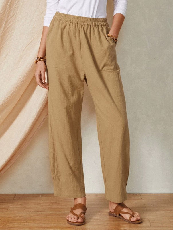 TOREVO Pocket Elastic Waist Cotton Linen Casual Wide-leg Trousers