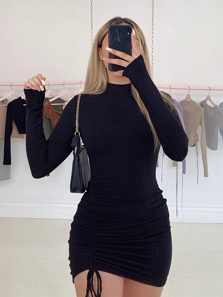 TOREVO Black Turtleneck Ruched Bodycon Mini Dress for Women