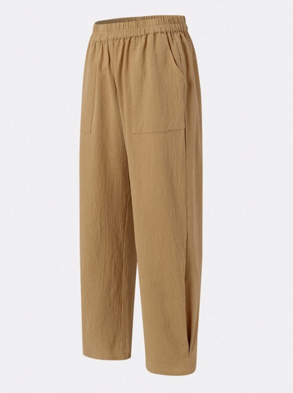 TOREVO Pocket Elastic Waist Cotton Linen Casual Wide-leg Trousers