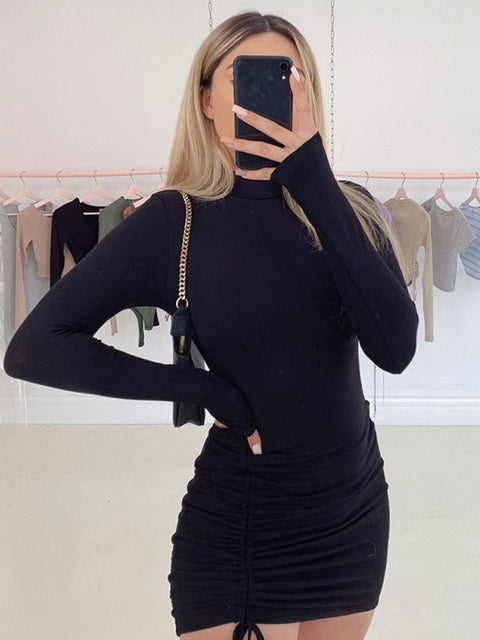 TOREVO Black Turtleneck Ruched Bodycon Mini Dress for Women