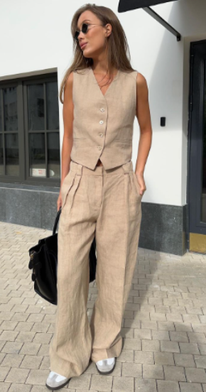 TOVERO Athena Tailored Linen Set with Sleeveless Vest (One Set)